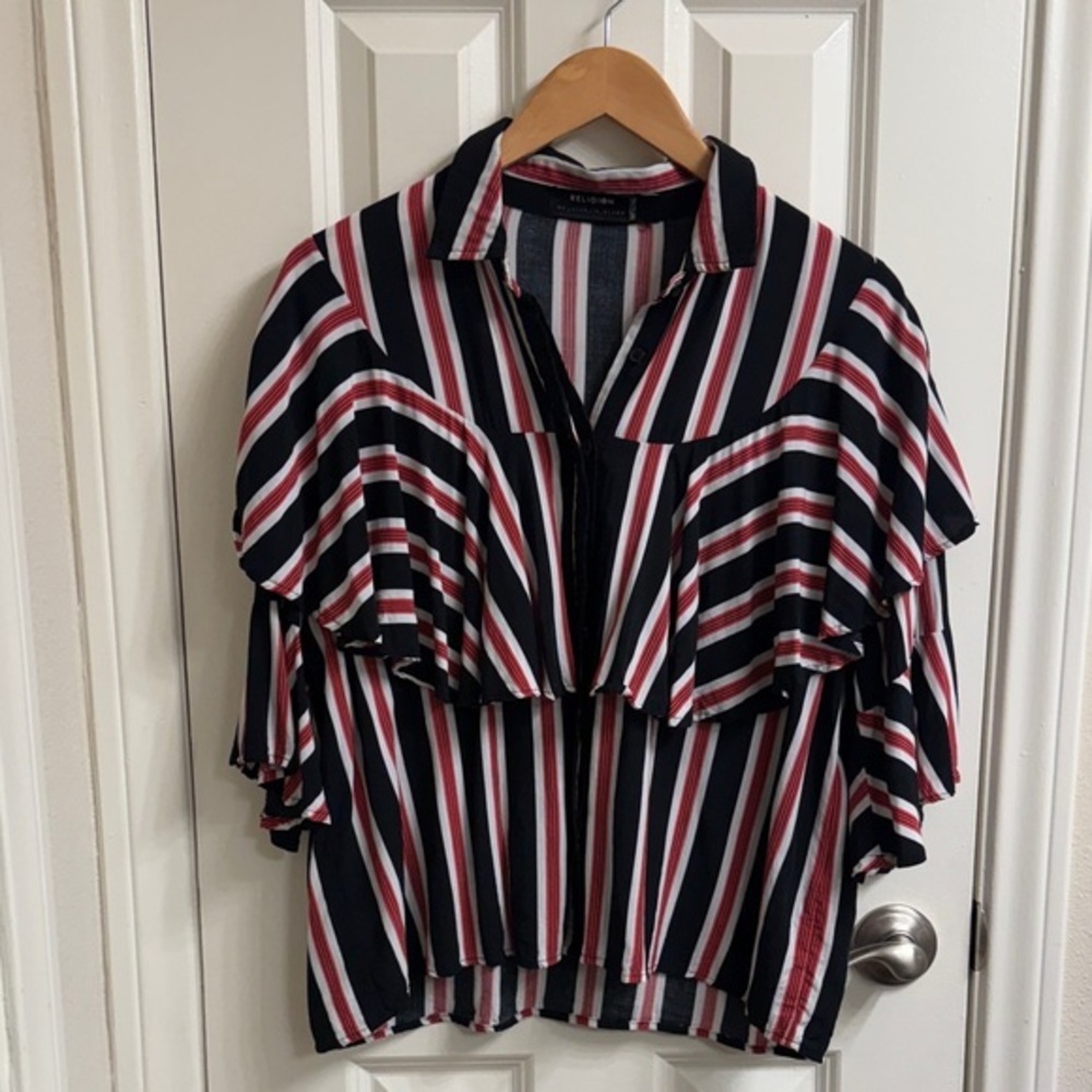 Religion UK striped rayon ruffle three-quarter sleeve top, medium